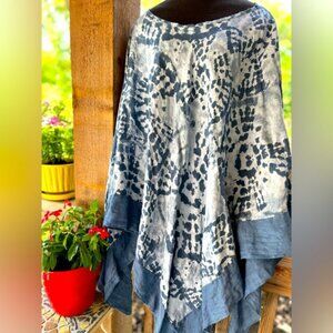 Elena Baldi 100% Linen Pullover Poncho Made In Italy Denim Color One Size NWT